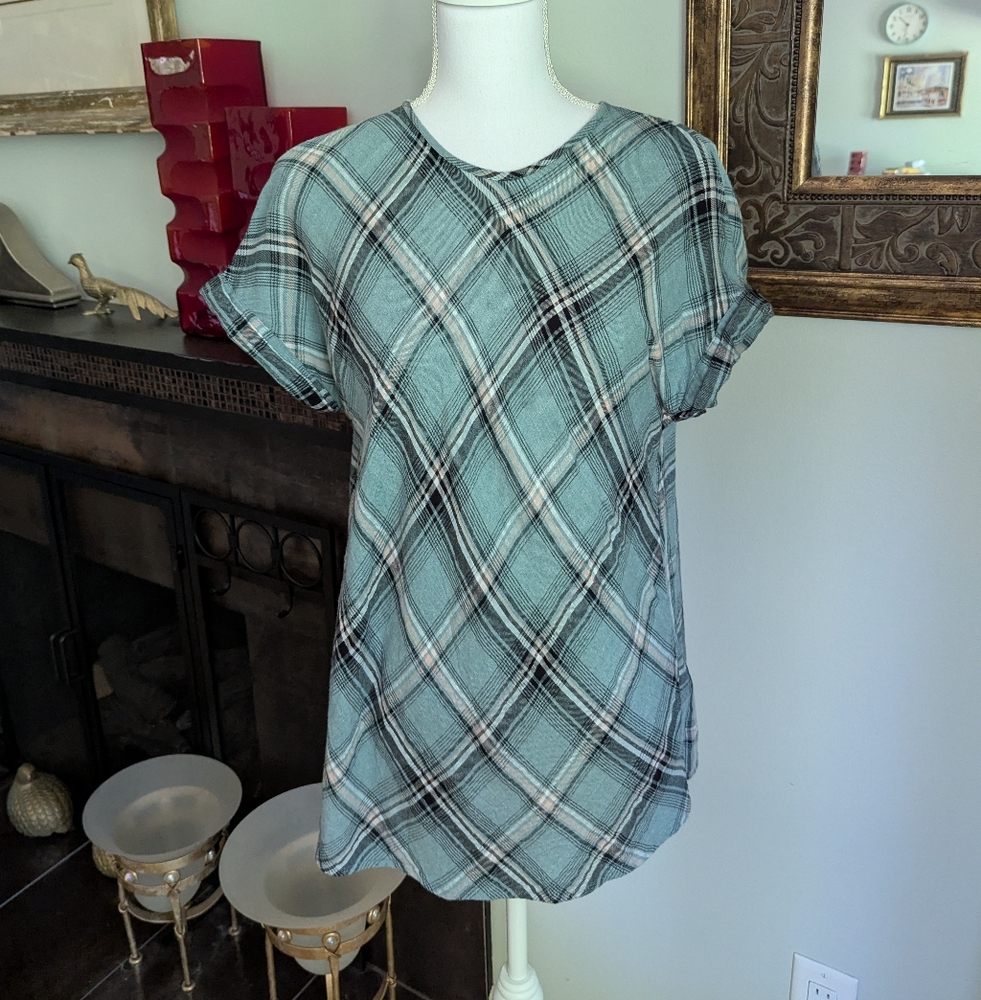 J.Jill Top Women's Medium Aqua Green Plaid Short Sleeve Woven Blouse Button Back